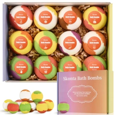 Image of Skonta Bath Bombs Gift Set, 12 Pieces Handmade Fizzy Bubble Bombs, Vegan &amp; Cruelty Free, Perfect for and Spa Bath, Birthday Mothers Day Gifts Idea Her/Him, Wife, Girlfriend Teens