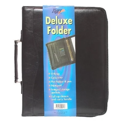 Image of A4 Black Deluxe Leather Look Business Conference Ring Binder Portfolio