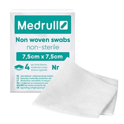 Image of Medrull Non Woven Sterile Dressings, Pack of 100 4 Ply 7.5 cm x Absorbent Dressings
