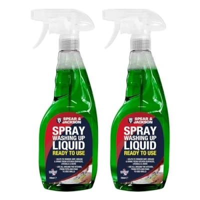Image of Spear &amp; Jackson Spray Washing Up Liquid 2 x 750 ml for Dishes, Kitchen Surfaces, Utensils and Appliances, Removes Dirt, Grease Grime, Leaves a Brilliant Shine