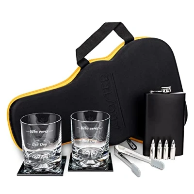 Image of Froster Guitar Whisky Set Who Cares, Whiskey Glasses of 2, Hip Flask, 4 Stones, 2 Glass Coasters, Tongs, Gift for Men