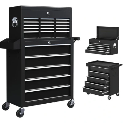 Image of HOMCOM Rolling Tool Cabinet on Wheels with 14 Drawers, Pegboard and Side Rack, Lockable Top Chest Roller Combo for Workshop Home, Black