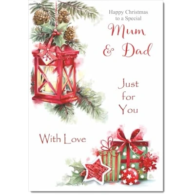 Image of doodlecards Mum and Dad Christmas Card Lamp Parcels Medium Size for &amp; with Plain Envelope