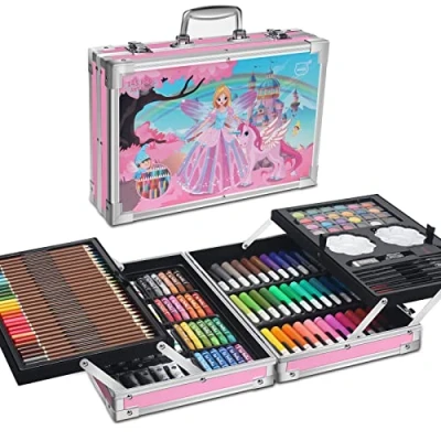 Image of MIAOKE 145 Piece Art Set, Deluxe Mega Aluminum Box &amp; Drawing Kit with Colored Pencils, Markers, Watercolor Paints, Crayons, HB Cake, Brush, 18 Sheet Sketch Pad Pink