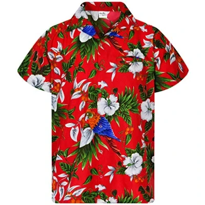 Image of King Kameha Mens Vintage Hawaiian Shirt Casual Short Sleeve Button Down Bird Designs, Cherry Parrot, Red, L