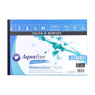 Image of Daler Rowney Aquafine Smooth Hot Pressed 300gsm Watercolour &amp; Gouache A4 Paper Pad, Glued 1 Side, Natural White, 50 Sheets, Ideal for Professional Beginner Artists Students, Acid Free