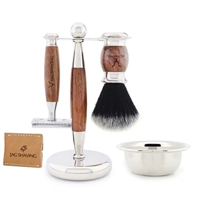 Image of Jag Shaving LEE Range 5 Piece Set Black Synthetic Hair Brush Double Edge Safety Razor Stand Leather Bag for Bowl Wood