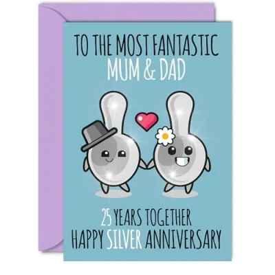 Image of Cute Silver Anniversary Card for Mum &amp; Dad 25 Years Together Happy 25th Wedding Cards Mum, A5 Greeting Twenty Fifth Anniversaries
