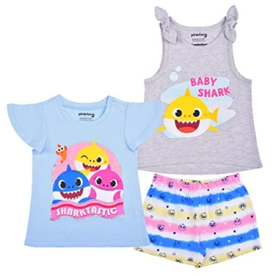 Image of Nickelodeon Baby Shark Girl&#039;s 3 Pack Short Sleeves Tee, Sleeveless Shirt and Shorts Set for Kids, 2T Light Blue