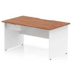 Image of Impulse 1400 x 800mm Scalloped Edge Straight Office Desk Walnut Top White Panel End Leg Workstation 1 Drawer Fixed Pedestal