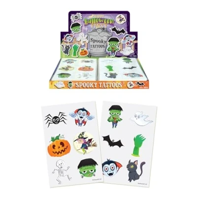 Image of Henbrandt 60 x Mini Halloween Temporary Tattoos for Children 12pc Packs Kids Party Bag Favours Loot Fillers Spooky Lucky Dip Trick or Treat Boys and Girls