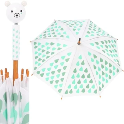 Image of Vilac Kids&#039; Umbrella, Anti Pinch Finger System, Carbon Ribs, Solid Resistant Lacquered Wooden Handle, Made in Jura France, Designed by Shinzi Katoh, 3 Yrs+, 70 cm, Sora Polar Bear, Green Raindrops