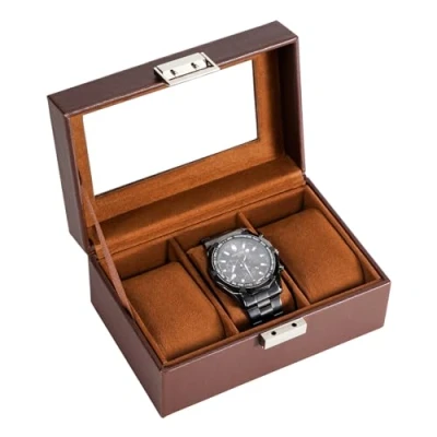 Image of ProCase Watch Box for Men, 3 Slot Display Case Mens Organizer, Cases Men Storage, Holder Organizer with Glass Lid Slot, Brown