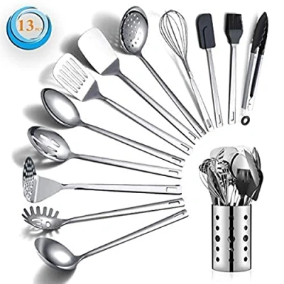 Image of Berglander Stainless Steel Cooking Utensils Set, 13 Pieces Kitchen Tools Set with Utensil Holder Non Stick and Heat Resistant,Dishwasher Safe, Easy to Clean (13 Packs)