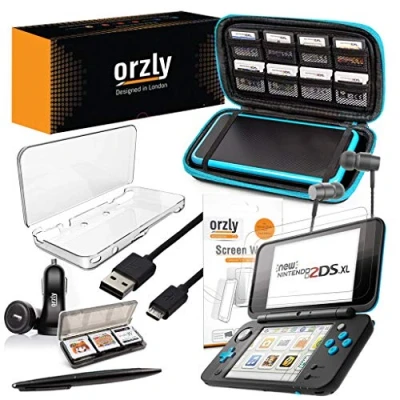 Image of Orzly 2DSXL Accessories, Ultimate Starter Pack for New Nintendo 2DS XL (Bundle includes: Car Charger/USB Charging Cable/Blue Stripe Edition Console Case &amp; more