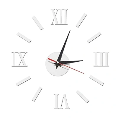 Image of OTOTEC Roman Numerals Sticker Wall Clock Modern 3D Mirror Frameless Large Acrylic Decoration for Home Office Living Room Bedroom Silver