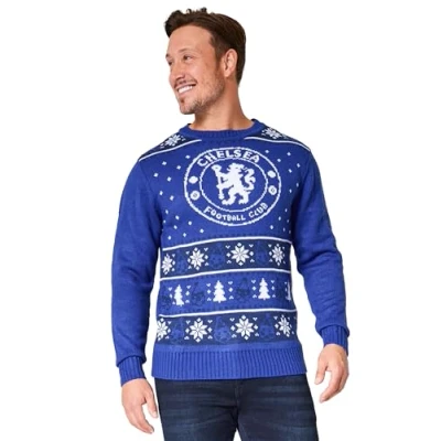Image of Chelsea FC Christmas Jumpers for Men Teenagers Warm Cosy Football Xmas Jumper M 3XL Gifts (Blue, 3XL)