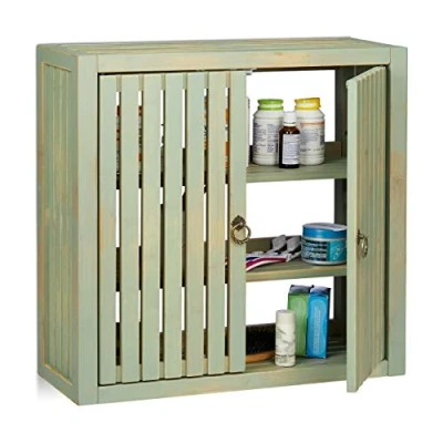 Image of Relaxdays Wall Cabinet Vintage, Bamboo, 2 Doors, Magnet Latch, Shelves, Bathroom &amp; Kitchen, HWD 50 x 52 20 cm, Light Green