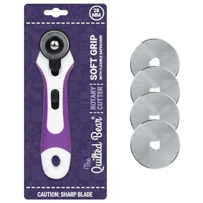 Image of The Quilted Bear 28mm Rotary Cutter &amp; Blades Ergonomic Soft Grip for Fabric with 4 Sharp Cutting Easy Blade Replace System (28mm)