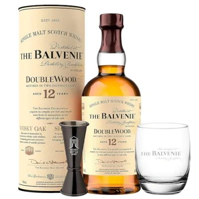 Image of Balvenie 12 Year Old Doublewood Whisky 70cl With Branded Glass &amp; Secret Bottle Shop Jigger Scottish Ideal Christmas Dad Gift