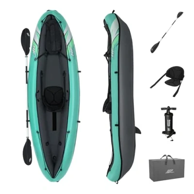 Image of Bestway Hydro Force Ventura Elite X1 Kayak Inflatable Boat Set with Hand Pump, Paddles, Seats, Fins and Storage Bag One Seater