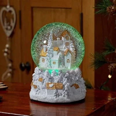 Image of Musical Christmas Village Auto Swirling Snow Globe 18cm Tall Plays a Medley of 8 Songs Colour Changing Pulsing LEDs