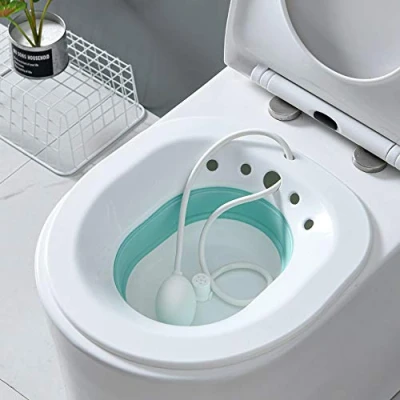 Image of Sitz Bath for Toilet Seat,Foldable Bath,Sitz Foldable with Flusher,Sitz Over The Toilet,for Hemorrhoids and Perineum Treatment,Alleviate Vaginal or Anal Inflammation (White&amp;Blue)