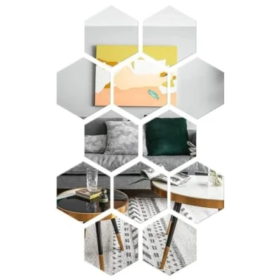 Image of RHQFDM 12 Piece Mirror Wall Sticker Hexagonal Self Adhesive Acrylic Tiles for Bathroom Home Bedroom Living Room Decor