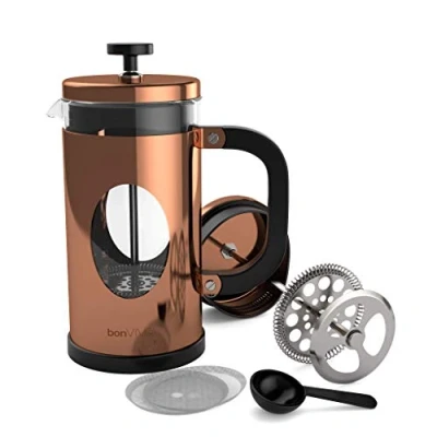 Image of bonVIVO Cafetiere GAZETARO I 350ml, 8 Cup, Stainless Steel French Press Coffee Maker w/Bonus Scoop and Replacement Filter Mesh Heat Resistant Gifts for Women Men Copper