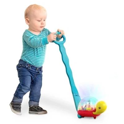 Image of B. toys Walking Turtle Animal Themed Pull Along Push Toy with Popping Balls and Detachable Handle, Kids 1 Year+
