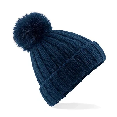 Image of Beechfield Verbier Faux Fur Pop Pom Chunky Beanie Navy