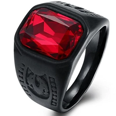 Image of Black Stainless Steel Red Crystal Signet Biker Ring (Y)