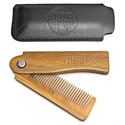 Image of Viking Revolution Folding Beard Comb with Carrying Pouch For Men All Natural Wooden Grooming &amp; Combing Hair, Beards and Mustaches Gifts
