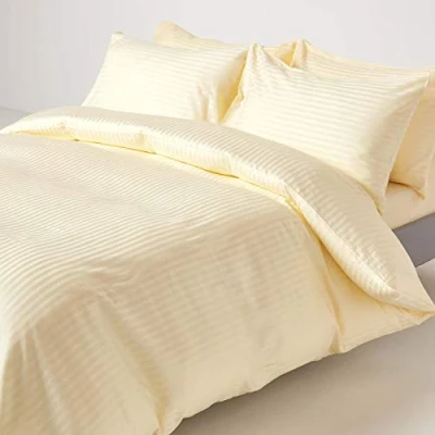 Image of HOMESCAPES Pastel Yellow Pure Egyptian Cotton Duvet Cover Set Single 330 TC 500 Thread Count Equivalent Satin Stripe Quilt Pillowcase Included Bedding