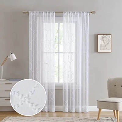 Image of Laura Ashley Lattice Sheer Curtains with Rod Pocket, Each Panel Measures 38&quot; W x 84&quot; L, White, 2 Panels