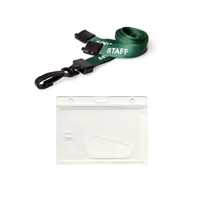 Image of ID Card It Staff Lanyard Neck Strap &amp; Secure Horizontal Enclosed Name Work Photo Pass Badge Holder (Green) (2)