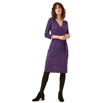 Image of White Stuff &#039;Mandina&#039; Dark Blue Purple Jersey Wrap Over Bodice Tea Dress Casual Transitional (12)