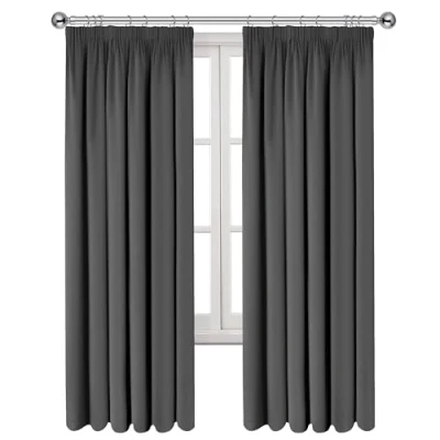Image of Imperial Rooms Blackout Pencil Pleat Curtains for Bedroom 66 x 90 Drop Inch Grey Thermal Insulated Window Treatments, 2 Panels with Tiebacks