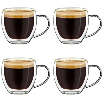 Image of Creano Double Walled Espresso Glasses 100ml with Handle Insulated Coffee Cups Handmade Heat Resistant Glass 4 pcs (Pack of 1)