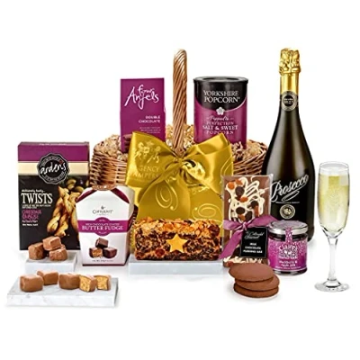 Image of Gourmet Food and Drink Hamper Kemble Prosecco with Cheese Twists, Popcorn, Chocolate Biscuits, Jam, Fruit Cake Luxury Gifts, Gifts for Him, from Regency Hampers