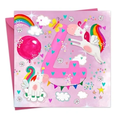 Image of Twizler 4th Birthday Card for Girls Unicorns Age 4 Happy Fourth Girl Daughter Year Old Childrens Granddaughter Four