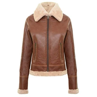 Image of Infinity Leather Womens Tan B3 Sheepskin Flying Jacket Kano Brown material_Sheepskin Size 22 UK
