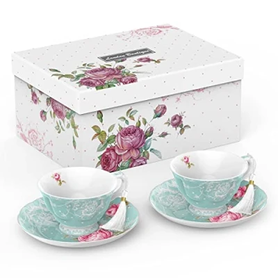 Image of London Boutique Tea Cup and Saucer Set 2 Afternoon New Bone China Vintage Flora Gift Box 200m (Turquoise)