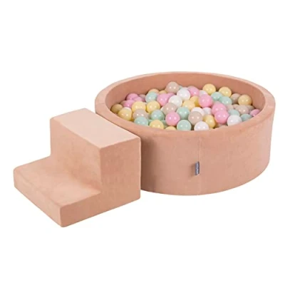 Image of KiddyMoon Foam Playground Velvet For Kids With Round Ballpit (200 Balls ∅ 7Cm/2.75In) Soft Obstacles Course And Ball Pool, Made In EU, Desert Pink:Pastel Beige/Pastel Yellow/White/Mint/Powder Pink