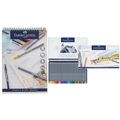 Image of Faber Castell Goldfaber Aqua, Watercolour Pencils, Tin Of 36 &amp; Pad, A4, Spiral Bound Paper, 190 GSM, 15 Sheets