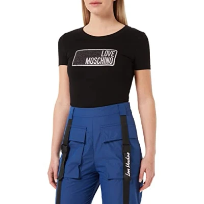 Image of Love Moschino Women&#039;s t Shirt Glittered Brand Print, Black, 40