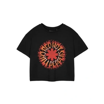 Image of Red Hot Chili Peppers Flame Black Cropped Graphic Tee for Women Short Sleeve T Shirt Rock Band Logo Apparel Gift Idea Alternative Music Merchandise