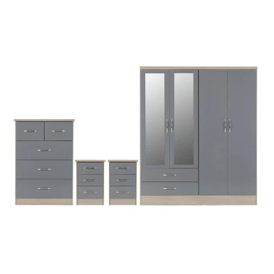Image of Seconique Nevada 4 Door 2 Drawer Mirrored Wardrobe Bedroom Set in Grey Gloss/Light Oak Effect Veneer