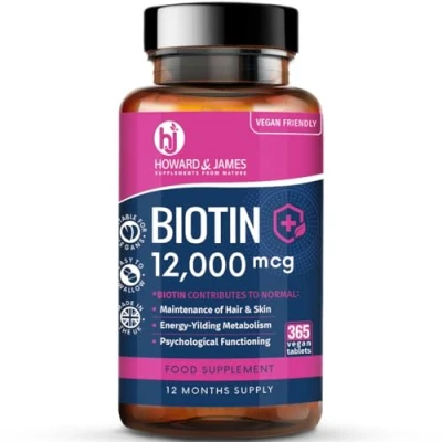 Image of Biotin Hair Growth Supplement 12000mcg 365 Vegan Tablets (1 Year Supply) Skin &amp; Nails Vitamins for Women Men High Absorption D 12,000 mcg Vitamin B7 by Howard James