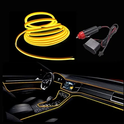 Image of Balabaxer El Wire Yellow Interior Car LED Strip Lights, 3m neon 12V with Fuse Protection for Automotive Decoration 6mm Sewing Edge